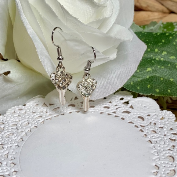 Aged Love Heart Key Earrings, with Crystal accents - Picture 3 of 7